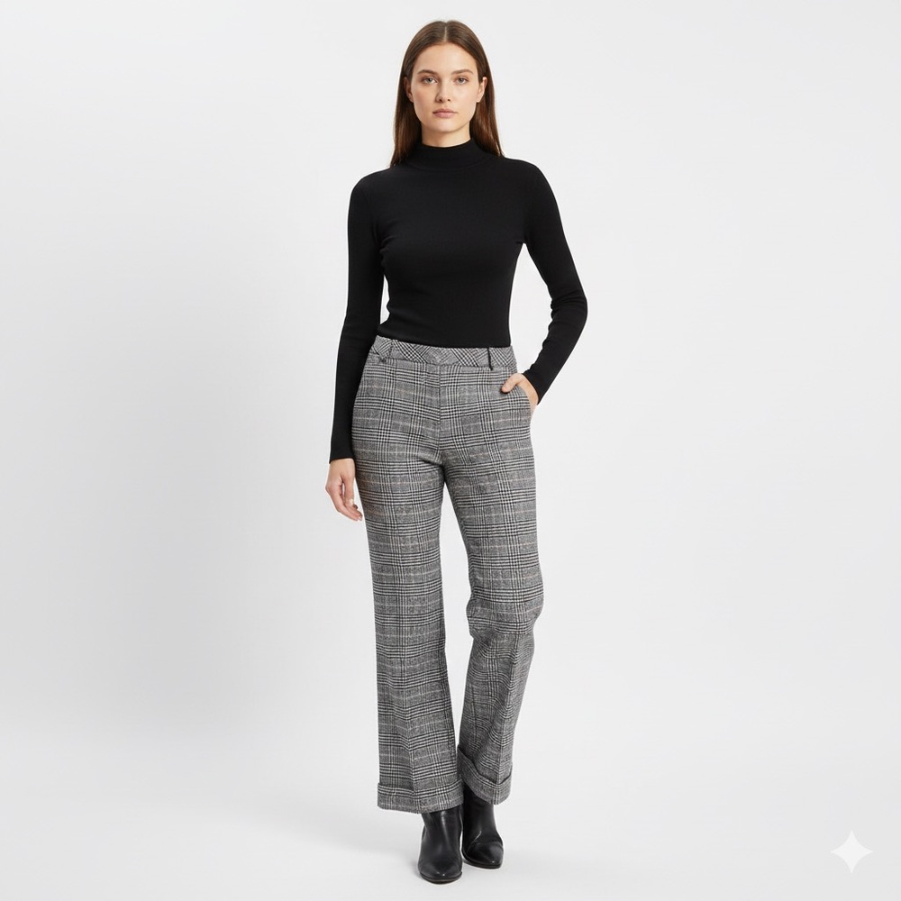 Trina Turk Pants Womens Size 6 Black White Glen Plaid Wool  Wide Leg Trousers